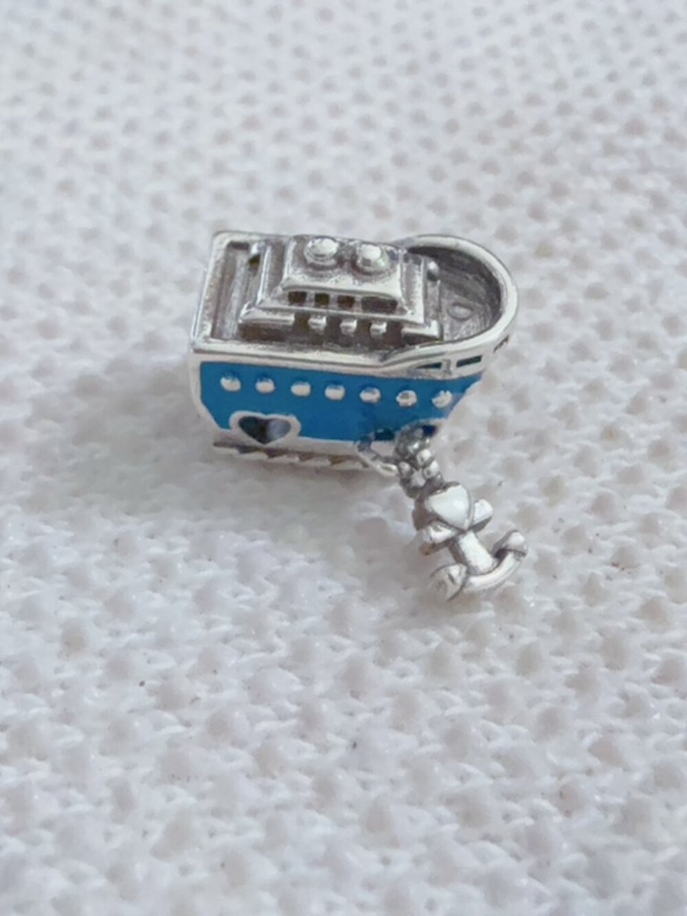 Blue Anchored Cruise Ship Silver Charm For Pandora Bracelet or Necklace